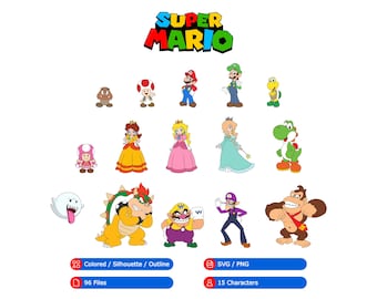 Super Mario Bundle with Mario, Luigi, Princess Peach, Toad, Bowser, Yoshi, Goomba, Daisy, Rosalina (SVG, PNG, Colored, Silhouette, Outline)