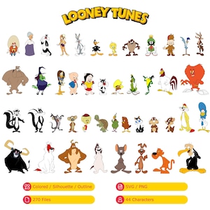 Looney Tunes Bundle with Bugs Bunny, Tweety, Daffy, Sylvester, Tasmanian Devil, Marvin the Martian (SVG, PNG, Colored, Silhouette, Outline)