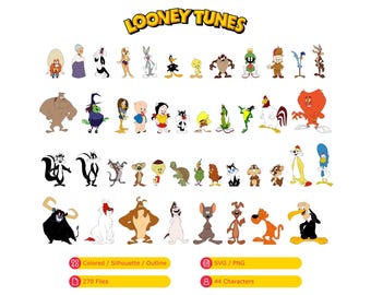 Looney Tunes Bundle with Bugs Bunny, Tweety, Daffy, Sylvester, Tasmanian Devil, Marvin the Martian (SVG, PNG, Colored, Silhouette, Outline)