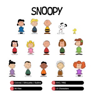 Puede incluir: Ilustraciones de personajes de dibujos animados, incluyendo a Snoopy y otros personajes de Peanuts, en varios atuendos y poses. La palabra "SNOOPY" se muestra en letras negras grandes en la parte superior. Debajo hay iconos y texto que indican tipos de archivo y recuentos de caracteres.