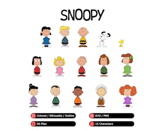 Snoopy Bundle with Snoopy, Woodstock, Charlie, Schroeder, Lucy, Linus, Sally, Peppermint, Marcie (SVG, PNG, Colored, Silhouette, Outline)