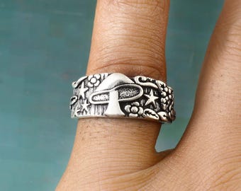 Boho Mushroom Silver Plated Ring, Nature Jewelry