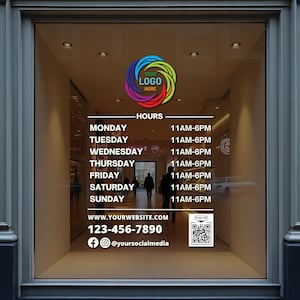 Shop Hours Decal - Window decals - Storefront Hours Decal with color logo - sign for glass door - QR code Hours sign- open and close Sign