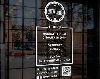 Custom Business Hours Vinyl Decal - Storefront Window Sticker with QR Code