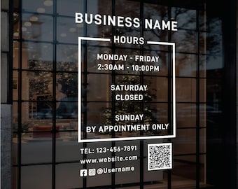 Custom Storefront Hours Decal - Business Signage - Personalized QR Code - Waterproof Vinyl -  Personalized Store Hours Decal
