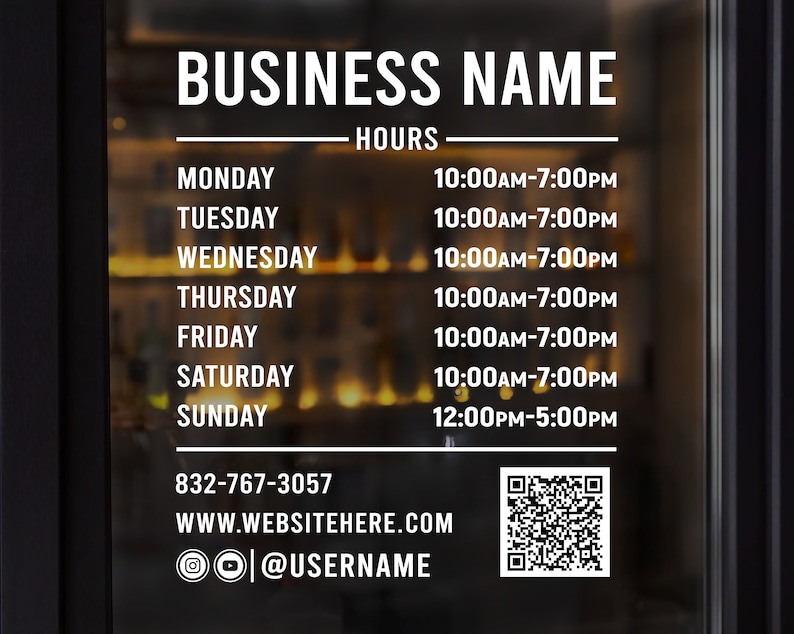 Shop Hours Decal - Custom Hour Decal -hours With QR Code - Custom ...