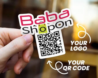 May include: A white sticker with the text "Baba Shop on" in red and a green shopping bag icon. The sticker also includes a black and white QR code. The text "Your Logo" and "Your QR Code" are written on the sticker.
