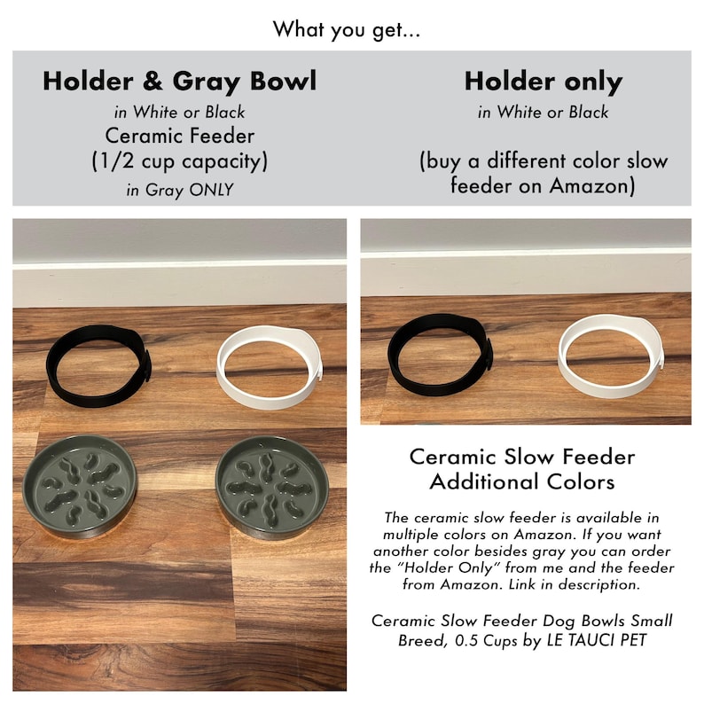 Op de afbeelding: Afbeelding van keramische slow feeder hondenvoerbakken. De afbeelding toont een zwarte en witte houder en een grijze kom. De tekst op de afbeelding zegt "Holder & Gray Bowl" en "Holder Only". De kommen hebben een capaciteit van 0,5 kopjes.