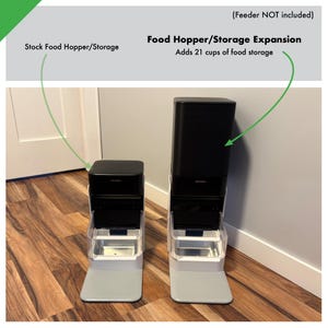 May include: Two black pet food hoppers, one standard and one expanded, with a gray base. The expanded hopper adds 21 cups of food storage. Text on the image reads "Food Hopper/Storage Expansion" and "Stock Food Hopper/Storage."
