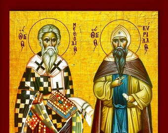 Saint Methodius and Saint Cyril- Greek Orthodox Catholic Christian Byzantine wooden icon