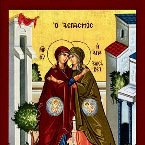 The Visitation of the Virgin Mary to Elizabeth- Theotokos- Aspasmos - Greek Orthodox Catholic Christian Byzantine wooden icon