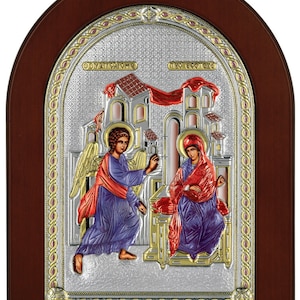 The Annunciation of Blessed Virgin Mary- Evangelismos - Greek Orthodox Catholic Christian  Byzantine-Silver Icon