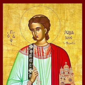 May include: A religious icon depicting a young man in a green robe and red cloak, holding a censer. The icon is painted in a traditional Byzantine style with gold accents. The text "ROMA NOC" and "o Meywdos" is visible in the upper right corner.