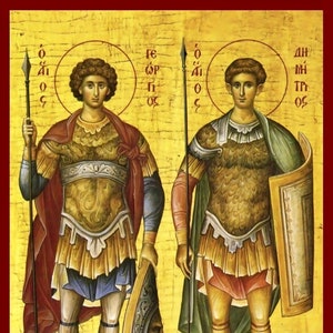 Saint George with Saint Demetrius - Greek Orthodox Catholic Christian Byzantine wooden  icon