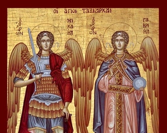 Archangels Taxiarches - Gabriel and Michael - Greek Orthodox Catholic Christian Byzantine wooden icon