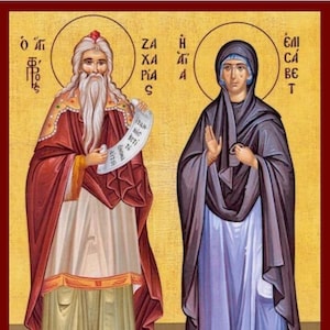 Hellseher Zacharias mit den Eltern des Heiligen Johannes des Täufers - griechisch katholische christlich byzantinische Holzikone