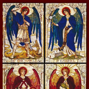 Archanges Michel, Gabriel, Raphaël et Uriel - Icône en bois chrétienne catholique orthodoxe faite main