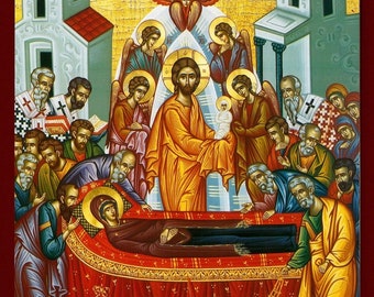 The Dormition of Blessed Virgin Mary, Mother of God, Theotokos  - Greek Orthodox Catholic Christian  Byzantine wooden icon