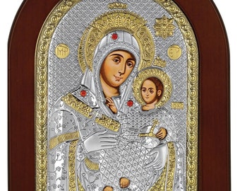 Blessed Virgin Mary of Bethlehem with Jesus Christ- Theotokos-  Greek Orthodox Catholic Christian  Byzantine Silver Icon