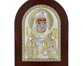 Saint Nektarios- Greek Orthodox Catholic Christian  Byzantine-Silver Icon