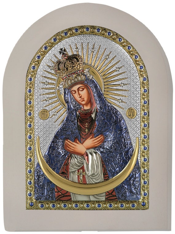 ビザンチン様式　ロシアイコン　聖母子像 レプリカ　木製フレーム 銀装飾 星の聖母マリア オストロブラムスカ - 神の母 - ギリシャ正教