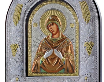 Blessed Virgin Mary of Seven Swords- Theotokos - Greek Orthodox Catholic Christian  Byzantine-Silver Icon