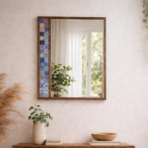 Ręcznie robione tureckie lustro z płytek ceramicznych – rustykalna dekoracja ścienna z ramą z drewna, dostępne rozmiary