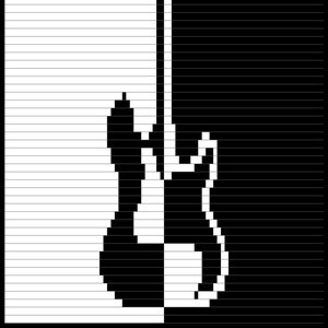 May include: A black and white pixel art image of an electric guitar. The guitar is split down the middle, with the left side white and the right side black.