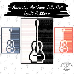 May include: Acoustic Anthem Jelly Roll Quilt Pattern image. The image features three quilt designs with a guitar silhouette. The guitar is split in half with different patterns on each side. The color schemes are blue, black and white, and orange.