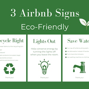 Airbnb Signs Eco Friendly, Conjunto de 3 Verdes, Señalización de Airbnb, Plantilla de Airbnb, Ahorro de Agua, Reciclaje, Apagado de Luces, Anfitrión de Airbnb, Señales VRBO, Enviro