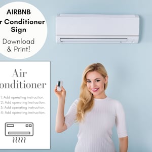 Può includere: Un cartello stampabile per un annuncio Airbnb, con il testo "Air Conditioner" e istruzioni per aggiungere istruzioni di funzionamento. Il cartello include anche un'illustrazione di un'unità di condizionamento d'aria con una linea ondulata sotto.