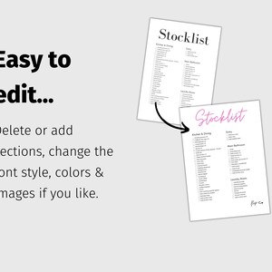Op de afbeelding: Een afdrukbare checklist met de titel "Stocklist" in roze tekst. De checklist is onderverdeeld in secties voor Keuken & Eetkamer, Entree, Hoofd Badkamer en Wasruimte. De tekst "flip co" staat in de rechter benedenhoek.