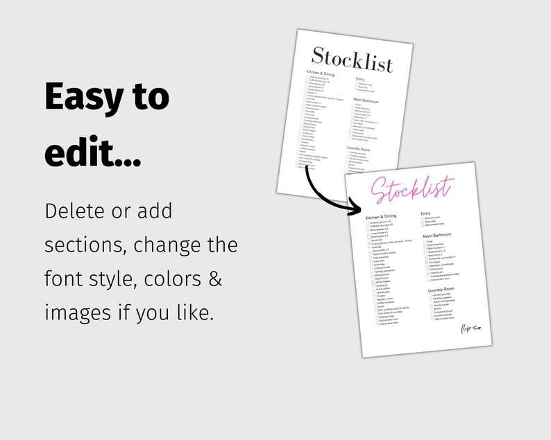 Op de afbeelding: Een afdrukbare checklist met de titel "Stocklist" in roze tekst. De checklist is onderverdeeld in secties voor Keuken & Eetkamer, Entree, Hoofd Badkamer en Wasruimte. De tekst "flip co" staat in de rechter benedenhoek.