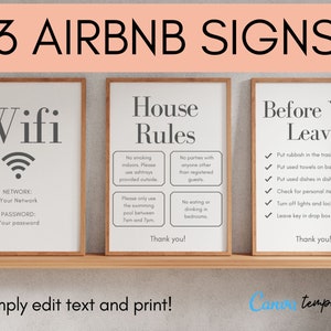 Zestaw 3 znaków Airbnb, oznakowanie Airbnb, szablony znaków Airbnb, Wi-Fi, zasady domu, wymeldowanie, gospodarz Airbnb, szablon Airbnb, znak domu do wynajęcia