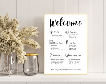 May include: A black and white welcome sign with information about Wi-Fi, house rules, contacts, top eats, where things are located, and check out time. The sign says "Welcome" in a decorative font.