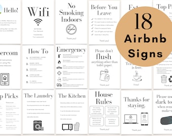 May include: A set of 18 printable Airbnb signs in black and white with a brown circle in the center that says "18 Airbnb Signs". The signs include instructions for guests on how to use the wifi, intercom, laundry, kitchen, and house rules.  There are also signs that say "No Smoking Indoors", "Please don't flush anything other than toilet paper", "Tea is free", "Thanks for staying", and "Please use the dark towel when removing make-up".