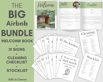 Airbnb Host Bundle, Welcome Book Template Green, 31 Airbnb Signs, Cleaning Checklist, Stocklist, Airbnb Signage Template, Wifi, House Sitter