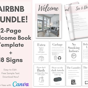 Paquete de paquete de bienvenida de Airbnb / Libro de bienvenida de Airbnb + 18 letreros / Plantillas de Airbnb / Paquete de bienvenida de casa de alquiler vacacional / Señalización de Airbnb / Rosa
