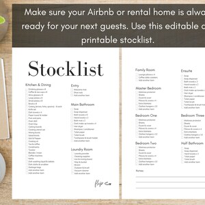Op de afbeelding: Een afdrukbare checklist voor Airbnb- of vakantiewoningverhuurders. De checklist is onderverdeeld in categorie&euml;n zoals keuken en eetkamer, entree, hoofdbadkamer, wasruimte, familiekamer, badkamer, hoofdslaapkamer, slaapkamer &eacute;&eacute;n, slaapkamer twee, slaapkamer drie en gastenbadkamer. Elke categorie somt de items op die in de huurwoning moeten worden opgenomen.
