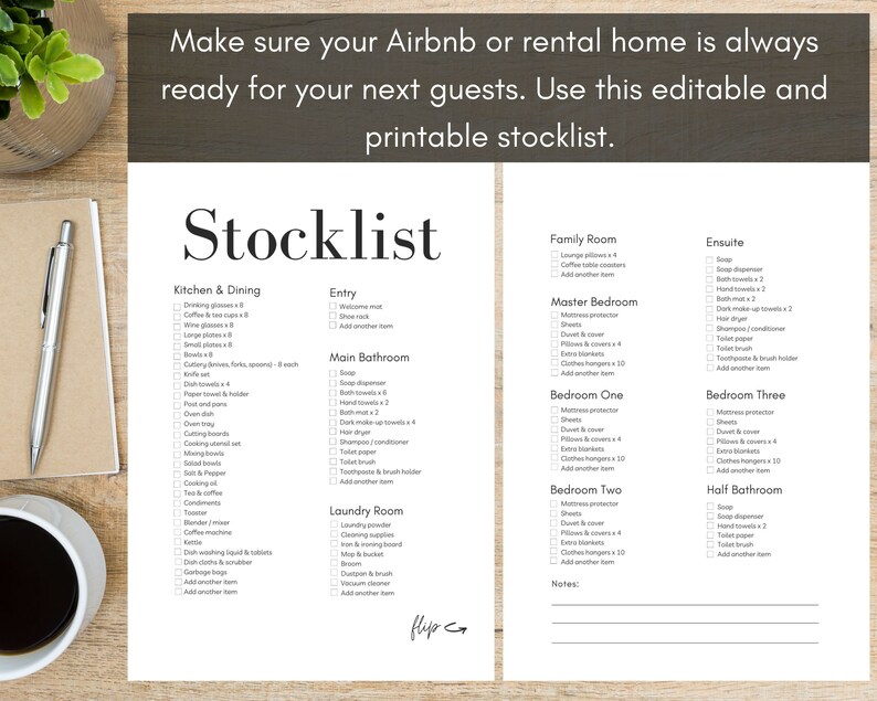 Op de afbeelding: Een afdrukbare checklist voor Airbnb- of vakantiewoningverhuurders. De checklist is onderverdeeld in categorie&euml;n zoals keuken en eetkamer, entree, hoofdbadkamer, wasruimte, familiekamer, badkamer, hoofdslaapkamer, slaapkamer &eacute;&eacute;n, slaapkamer twee, slaapkamer drie en gastenbadkamer. Elke categorie somt de items op die in de huurwoning moeten worden opgenomen.