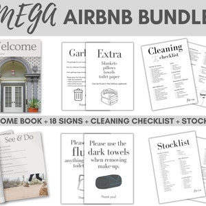 May include: A black and white printable bundle for Airbnb hosts. The bundle includes a welcome book, 18 signs, a cleaning checklist, and a stocklist. The signs include phrases like "Welcome to Our Home", "Extra blankets, pillows, towels, toilet paper", "Please use the dark towels when removing make-up", and "Garbage".