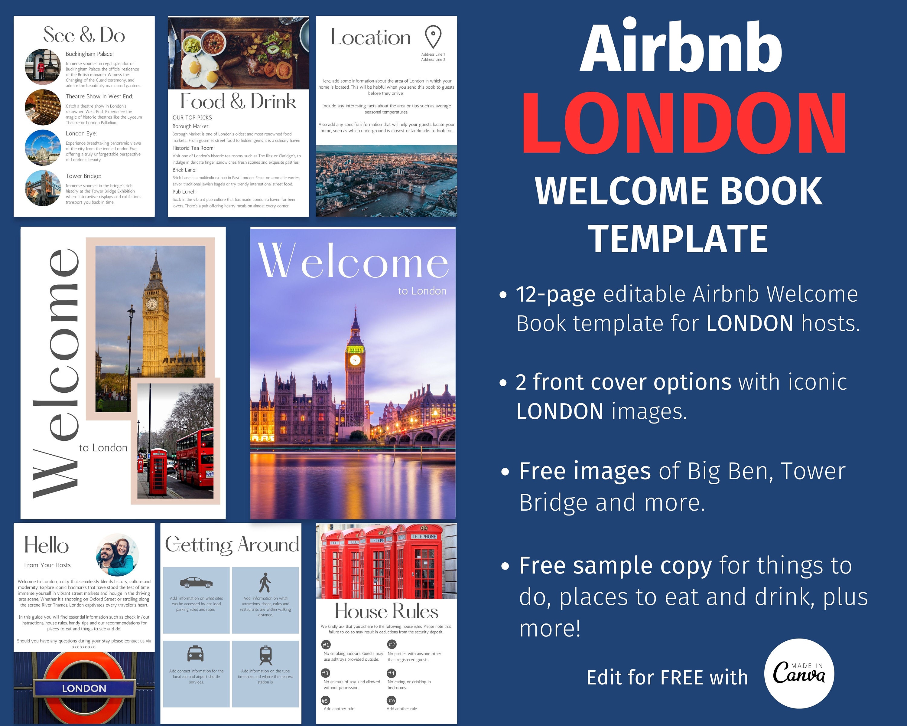 Airbnb Welcome Book LONDON THEME, London Airbnb, Template for London Airbnb, Airbnb Guest Book, Airbnb Host Pack, Short Term Rental Book
