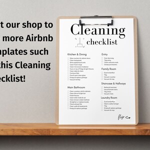 Op de afbeelding: Een afdrukbare schoonmaakchecklist voor Airbnb-hosts. De checklist bevat secties voor de keuken, eetkamer, entree, woonkamer, hoofdbadkamer, wasruimte en trap en gangen. De checklist staat op een witte achtergrond met zwarte tekst en vinkjes.