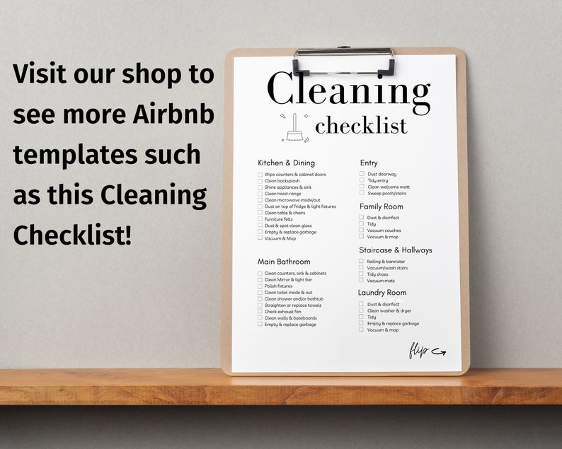 Op de afbeelding: Een afdrukbare schoonmaakchecklist voor Airbnb-hosts. De checklist bevat secties voor de keuken, eetkamer, entree, woonkamer, hoofdbadkamer, wasruimte en trap en gangen. De checklist staat op een witte achtergrond met zwarte tekst en vinkjes.
