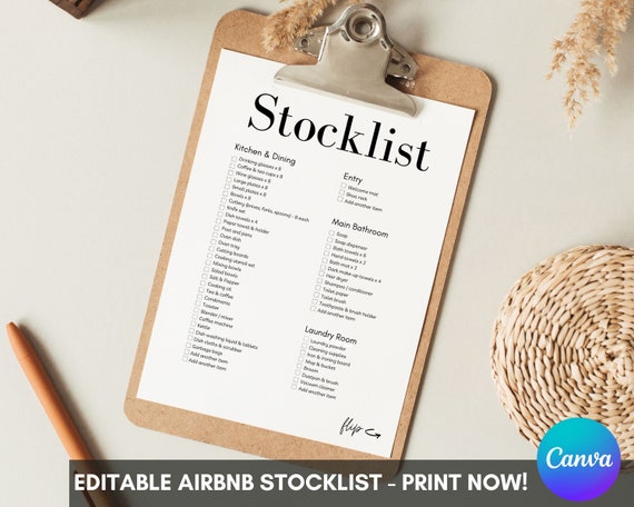 Airbnb Stocklist | Editable Airbnb Template | Airbnb Checklist Canva | Airbnb Planner | Airbnb Stock Form | Airbnb Host | Airbnb Printable