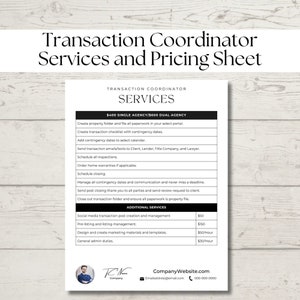 Transaction Coordinator Services and Pricing Sheet for Real Estate Transaction Coordinators | Edit in Canva