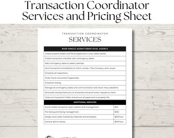 Transaction Coordinator Services and Pricing Sheet for Real Estate Transaction Coordinators | Edit in Canva
