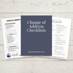 Könnte beinhalten: Eine Checkliste für die Adressänderung. Die Checkliste ist in Kategorien wie Finanzinstitute, Versorgungsunternehmen, Abonnements, Dienstleister, Gemeindekontakte und Behörden unterteilt. Die Checkliste trägt den Titel "Change of Address Checklists" und enthält die Website-Adresse "BequestRealEstate.com".