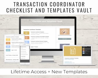 May include: A computer screen displaying a website with the text "Transaction Coordinator Checklist and Templates Vault". The website features a checklist and templates for transaction coordinators. The website also includes a section for social media templates and business cards. The website is designed to help transaction coordinators streamline their work and save time.