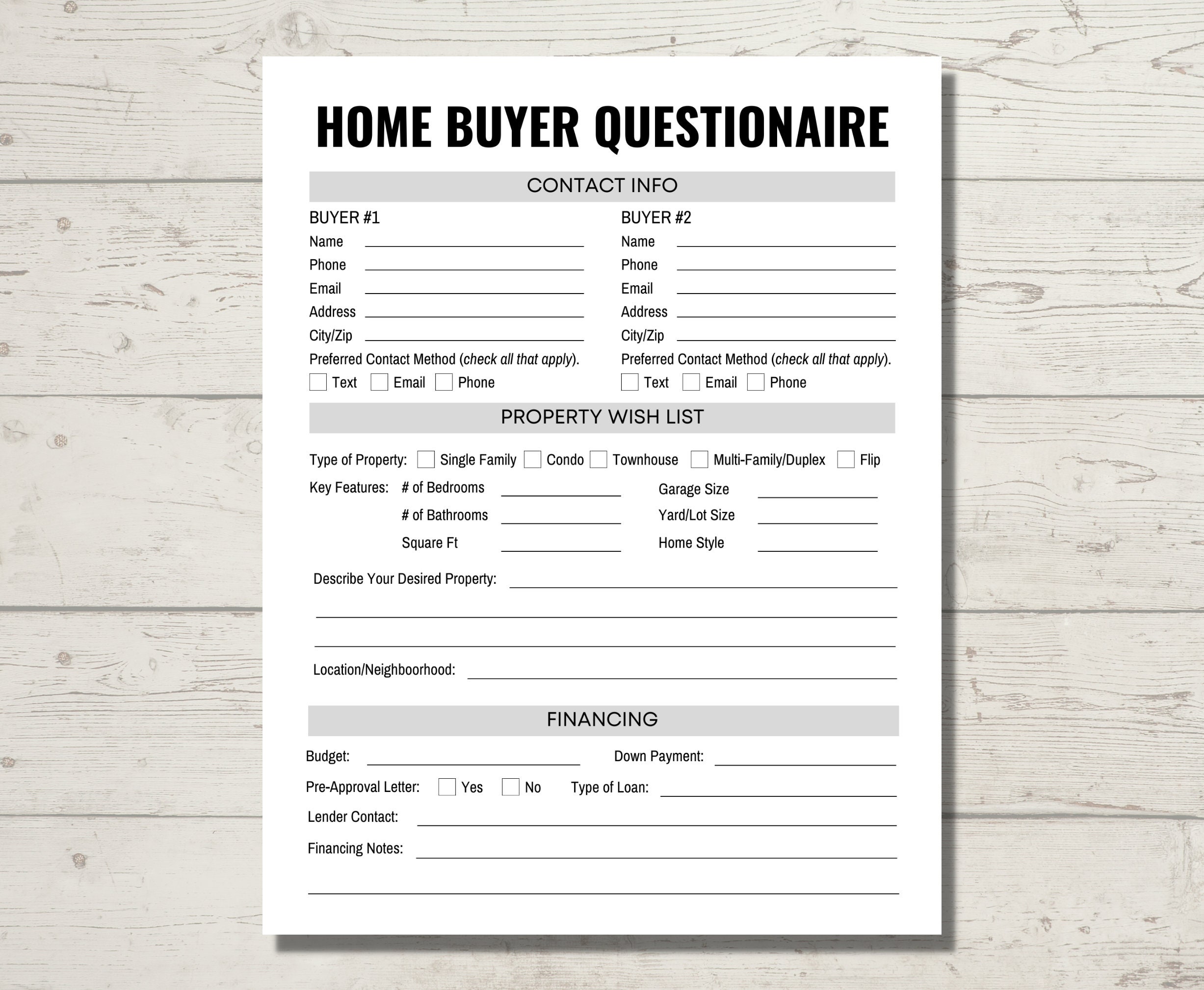 Home Buyer Questionnaire Fillable PDF Etsy